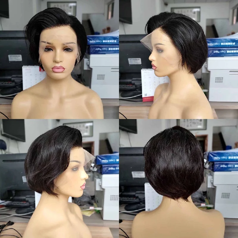 real person hair ring quirky charm-Human Hair Pixie Cut Wig Black Women Lace frontal Pixie Cut Black Wig