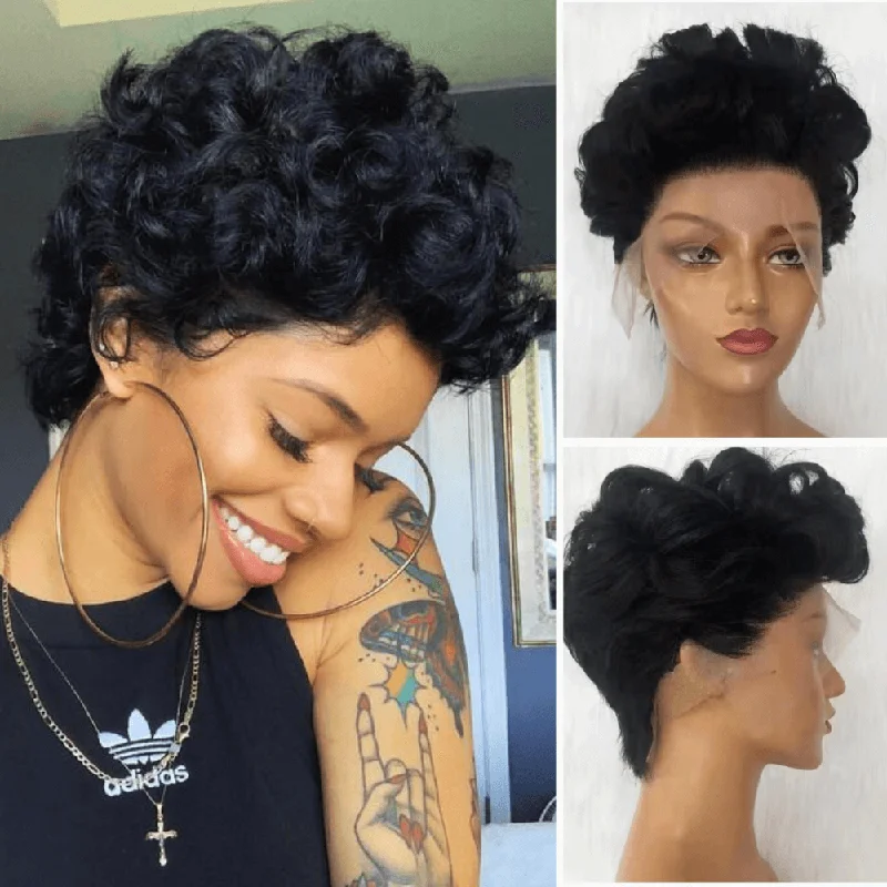 real person hair ring velvet pouch-Human Hair Short Pixie Cut Wigs for African American 13x6 Lace Frontal