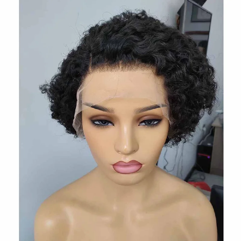 real person hair ring trendy piece-Kinky Curly Pixie Cut Wig Human Hair Lace Front Wigs for Black Women