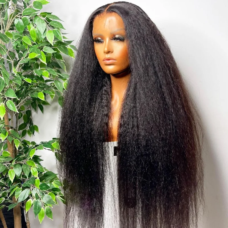 real person hair ring exported quality-Kinky Straight 4x4 Lace Closure Wig Human Hair Lace Wig