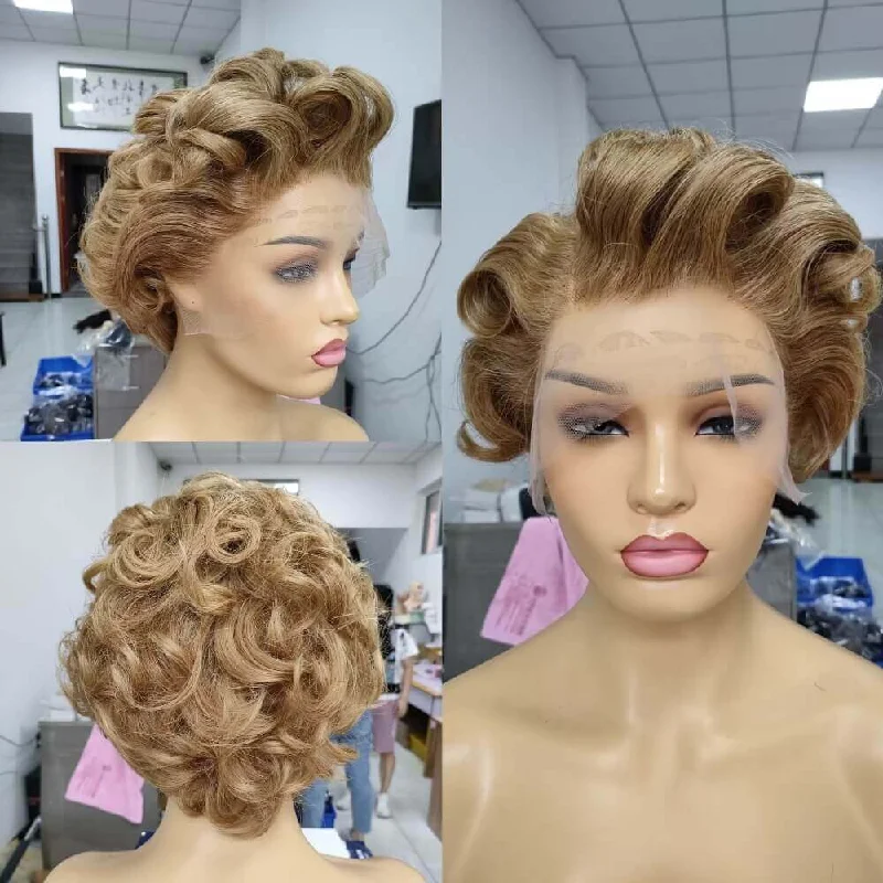 real person hair ring style video-Light Brown Color Curly Pixie Cut Wig Brazilian Human Hair for Women