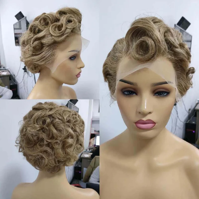 real person hair ring delivery guarantee-Light Brown Pixie Cut Wig Human Hair Lace Wig African American