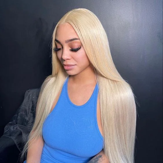 real person hair ring must-buy-Long Blonde Human Hair Lace Front Straight Wig  for African American