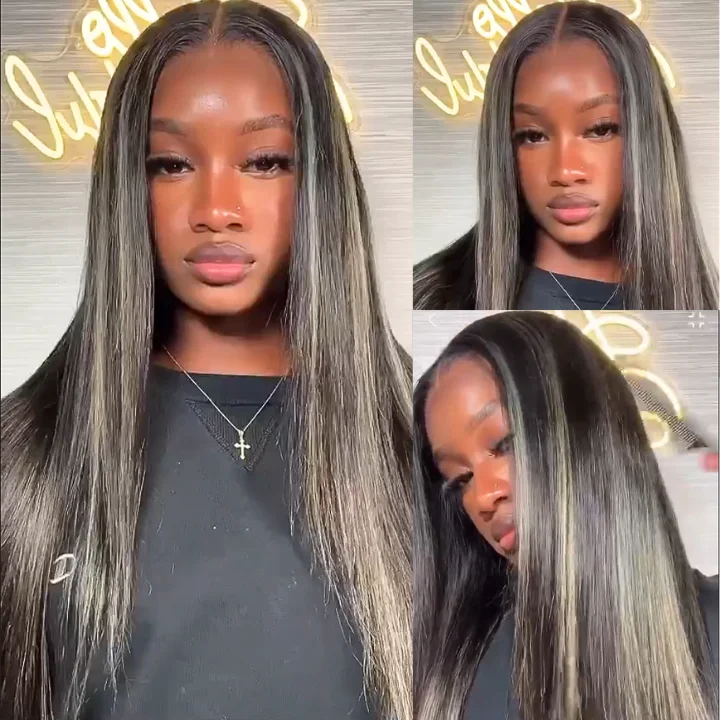 real person hair ring parent present-Long Highlight  Light Blue Straight Human Hair Glueless Lace Front Wigs Fashion Color Lace Wig- Amanda Hair