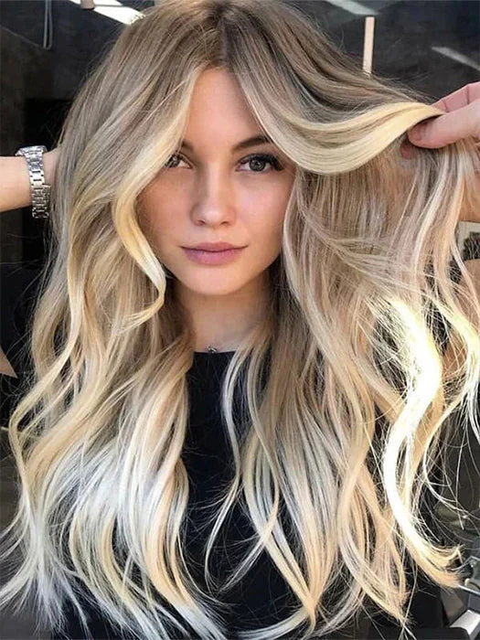 Synthetic wigs for fall events-Long Wavy Ombre Blonde Synthetic Lace Front Wigs