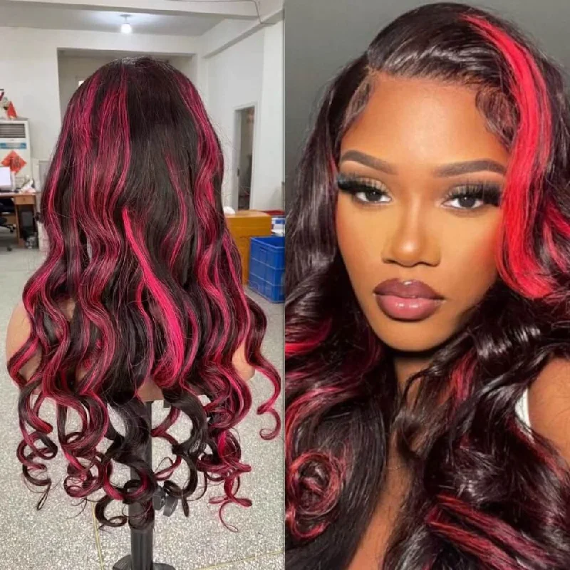 real person hair ring staple jewelry-Loose Wave Lace Frontal Wig with Pink Highlight Human Hair  for African American