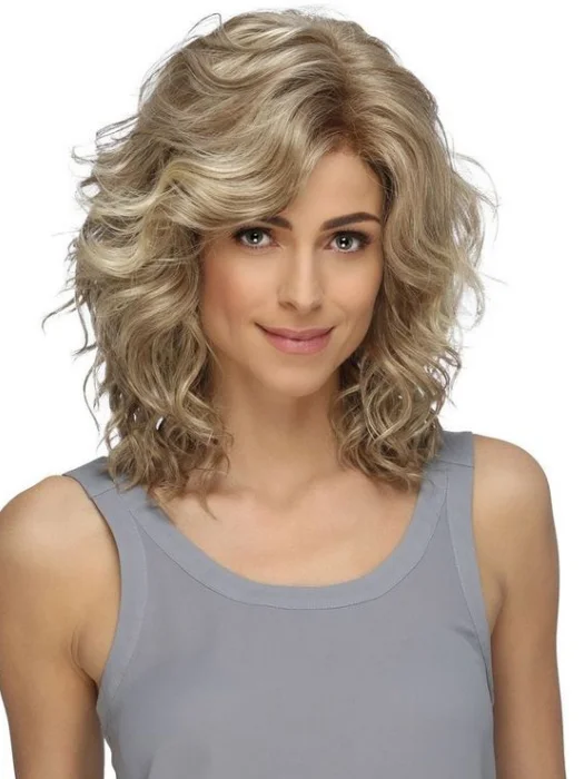 Synthetic wigs for pool parties-Chin Length Bob Style Wavy Curly Blonde Lace Front Synthetic Wigs