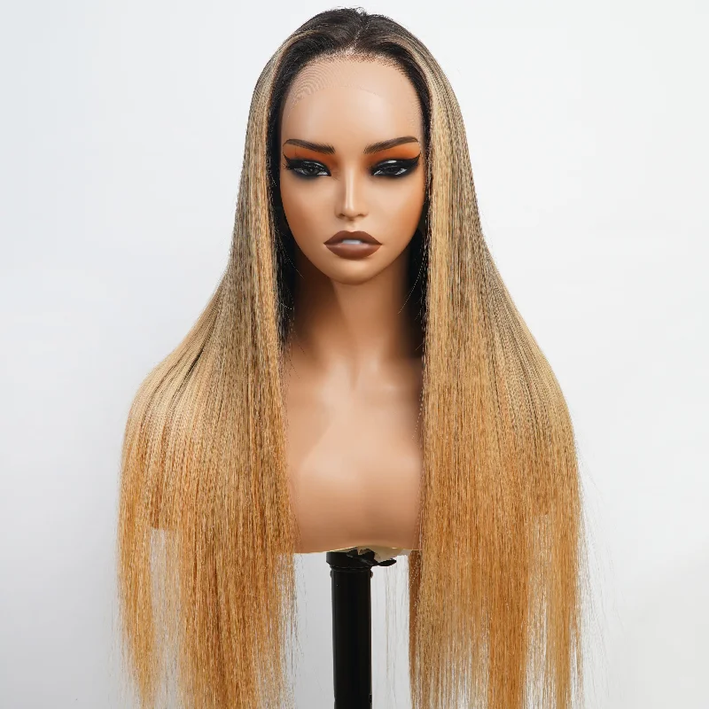 real person hair ring promotion present-Ombre Blonde Highlight Human Hair 13x4/6x4 HD Transparent Glueless Lace Front Straight Colored Wigs-Amanda Hair