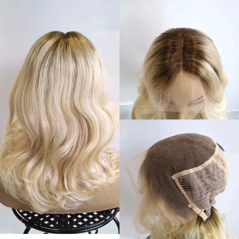 real person hair ring inspired look-Ombre Blonde Wavy Bob Wig Human Hair Lace Frontal Wig 13x6 Surprisehair