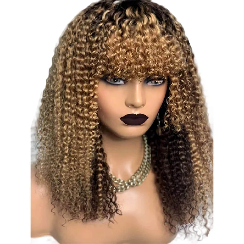 real person hair ring success token-Ombre Curly Wig With Bangs Human Hair Kinky Curl Wig For African American