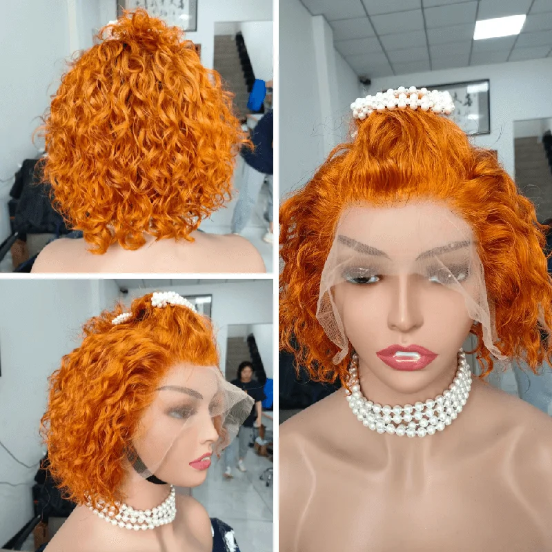 real person hair ring local pride-Orange Color Curly Bob Human Hair Lace Wig 13x4 for African American