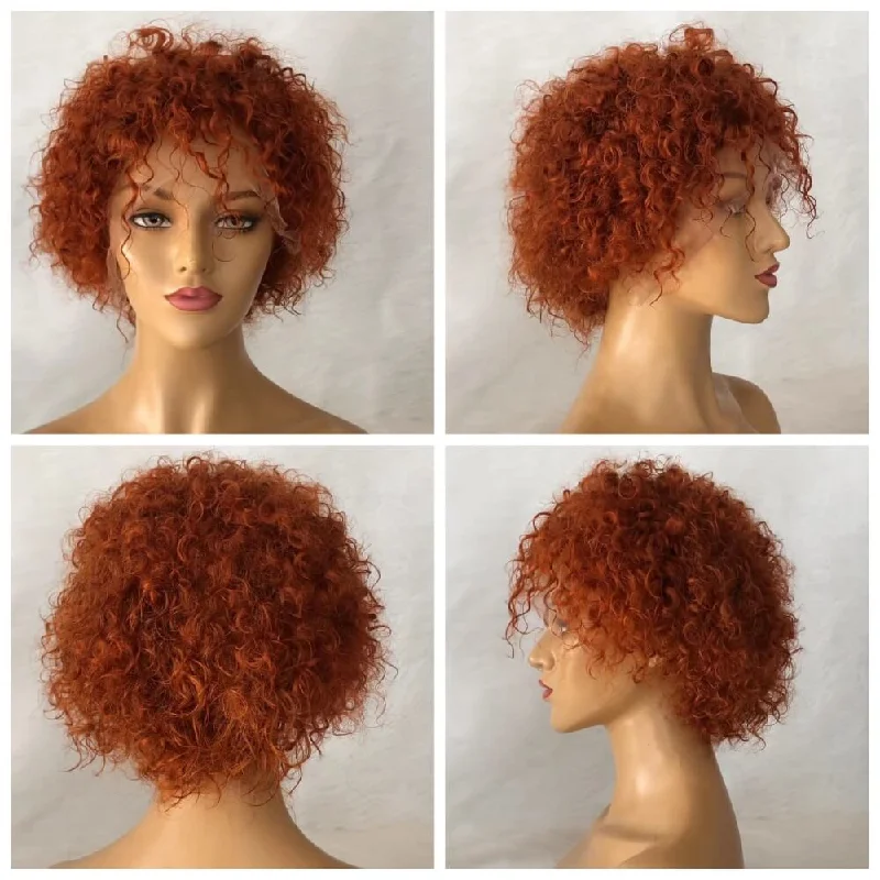 real person hair ring core accessory-Orange Color curly Pixie Cut Lace Wig  Human Hair for African American