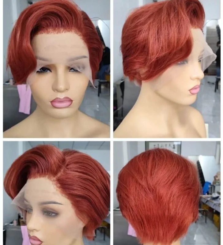 real person hair ring adventure ready-Orange Color Pixie Cut Lace Frontal Wig  Human Hair for African American