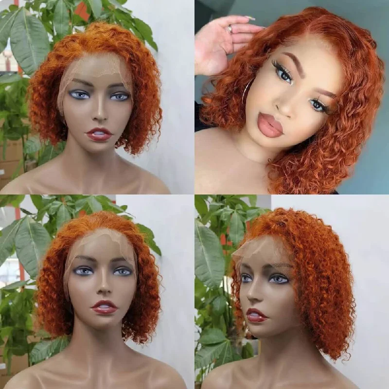 real person hair ring craft journey-Orange Color Short Curly Bob Wig Human Hair Lace Front for African American