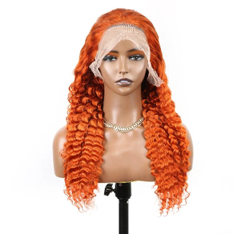 real person hair ring formal elegance-Orange Colored Deep Wave Colored Hair Lace Wig Brazilian Human Hair Wigs