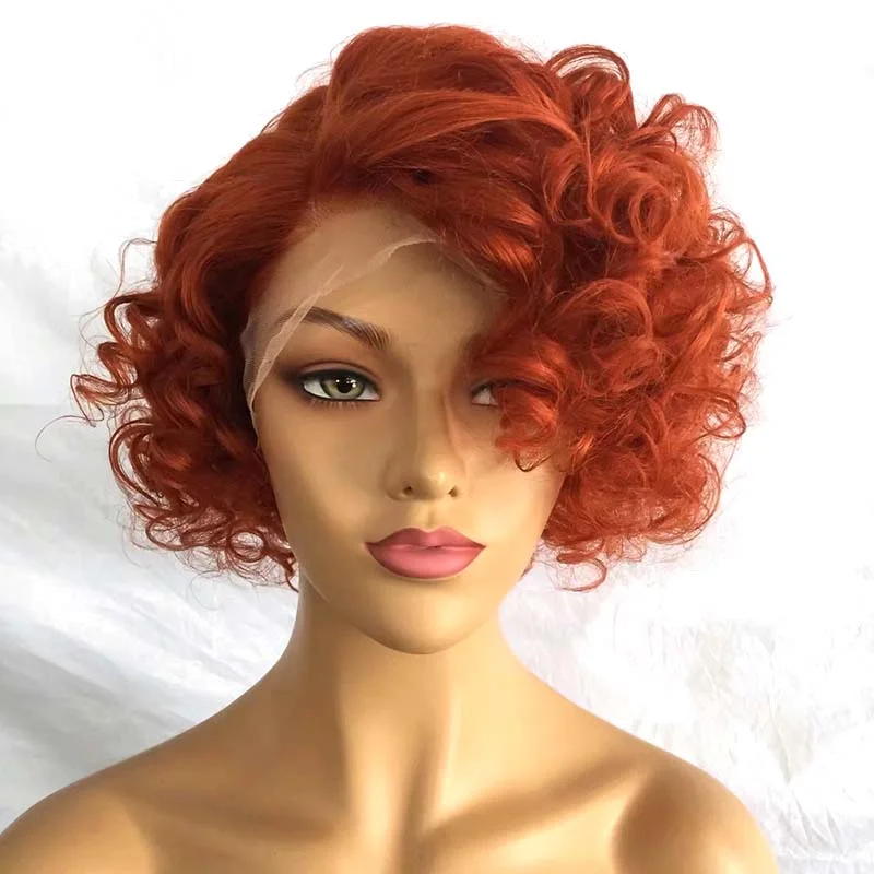 real person hair ring bulk order-Orange Short Curly Wig Brazilian Human Hair Bob 180% Density