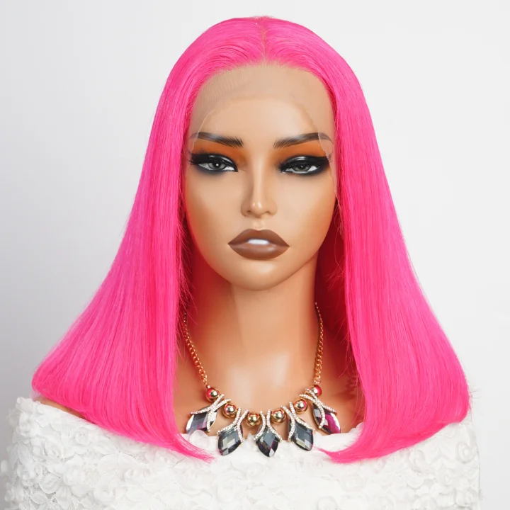 real person hair ring family heirloom-Peach Red Straight Human Hair Pink Bob Color Lace Front /Closure Wig -Amanda Hair