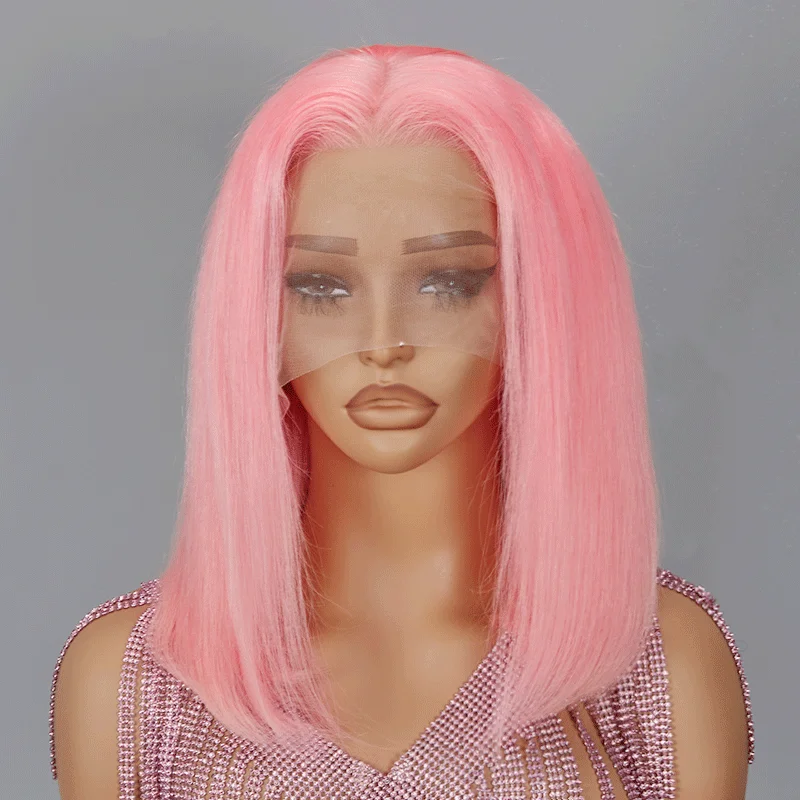 real person hair ring artistic flair-13x4 Bob Wig Pink Color Lace Frontal Human Hair