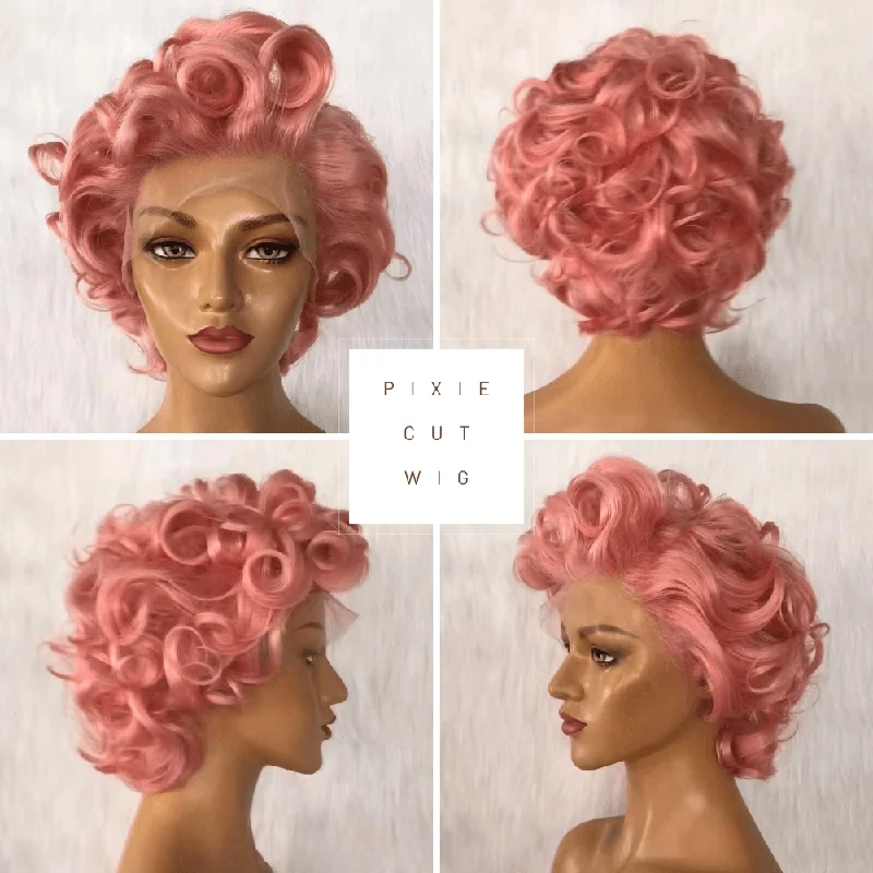 real person hair ring year-round-Pink Human Hair Pixie Cut Wig Lace Frontal 13x6 for African American