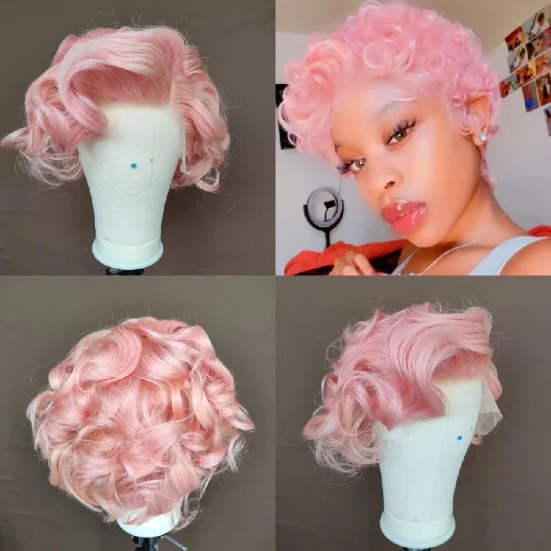 real person hair ring creation process-Pink Wave Pixie Cut Wig Human Hair Lace Front for Black Women