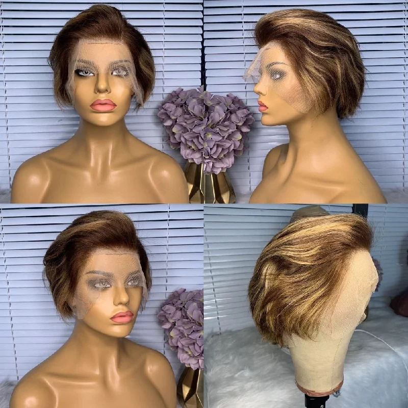 real person hair ring portable item-Pixie Cut Highlighted Wig Human Hair Lace Wig For African American