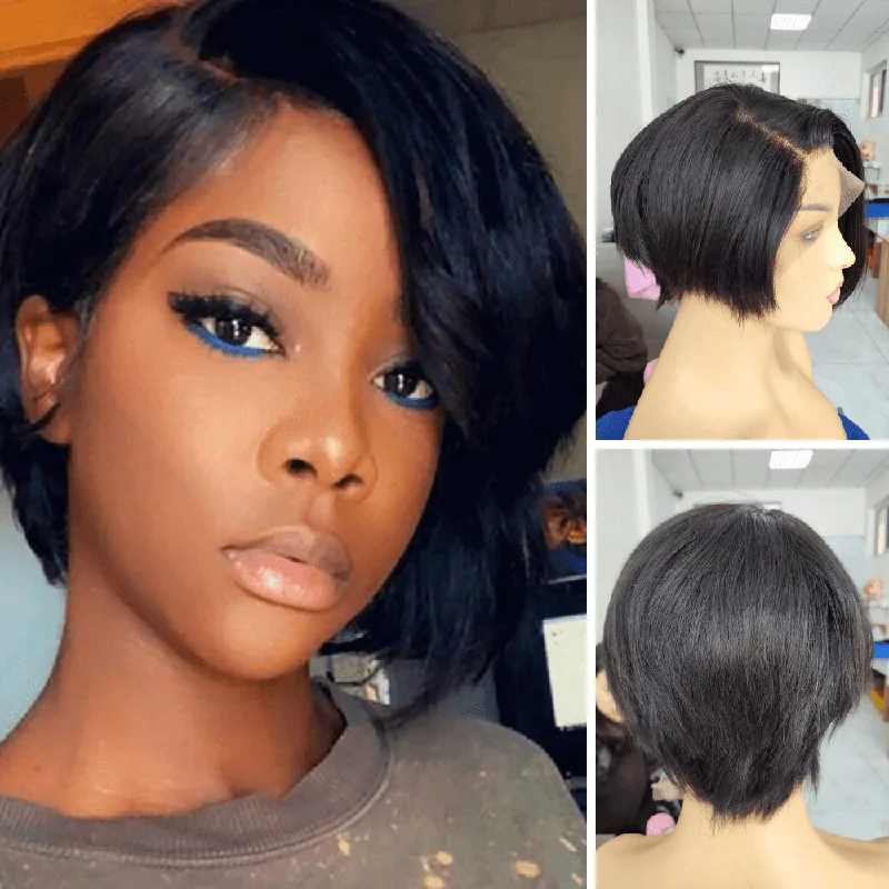 real person hair ring fusion style-Pixie Cut Human Hair Bob Wig Side Part Lace Front for African American