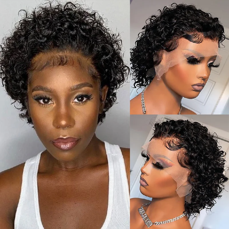 Pixie Cut Wig Short Curly Human Hair Wigs 13X1 Transparent Lace Wig For Women