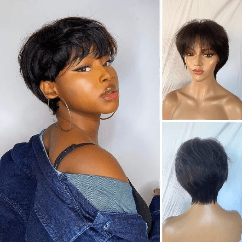 real person hair ring availability check-Pixie Cut Wig with Bangs 100% Human Hair Lace Front for African American