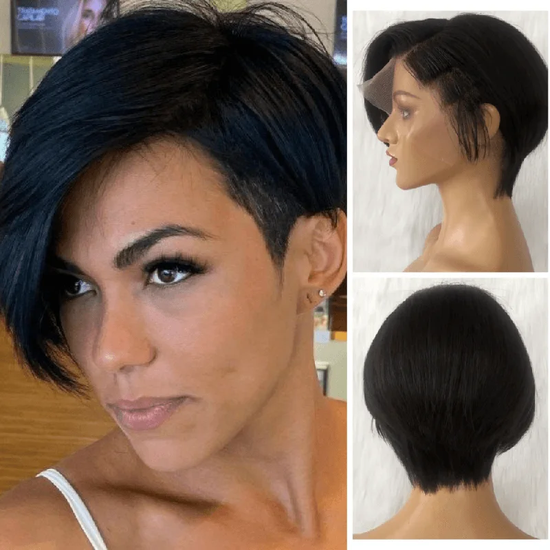 real person hair ring anniversary present-Pixie Cut Wig with Frontal Human Hair Side Part Bangs for African American