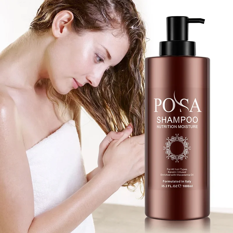 Smoothing keratin-POSA Nutrition Moisture Shampoo Blended with rich Vitamin E, Keratin Amino Acid, Macadamia Oil. Hydrates dry weak and stressed hair.