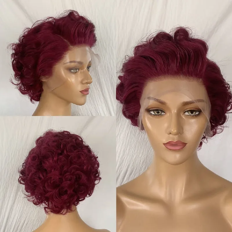 real person hair ring fast production-Purple Color Curly Pixie Cut Wig Human Hair Lace Front for African American