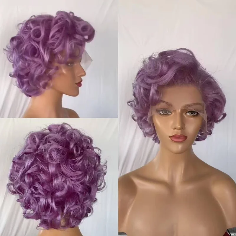 real person hair ring recommended choice-Purple Curly Pixie Cut Lace Wig Short Human Hair for Black Women