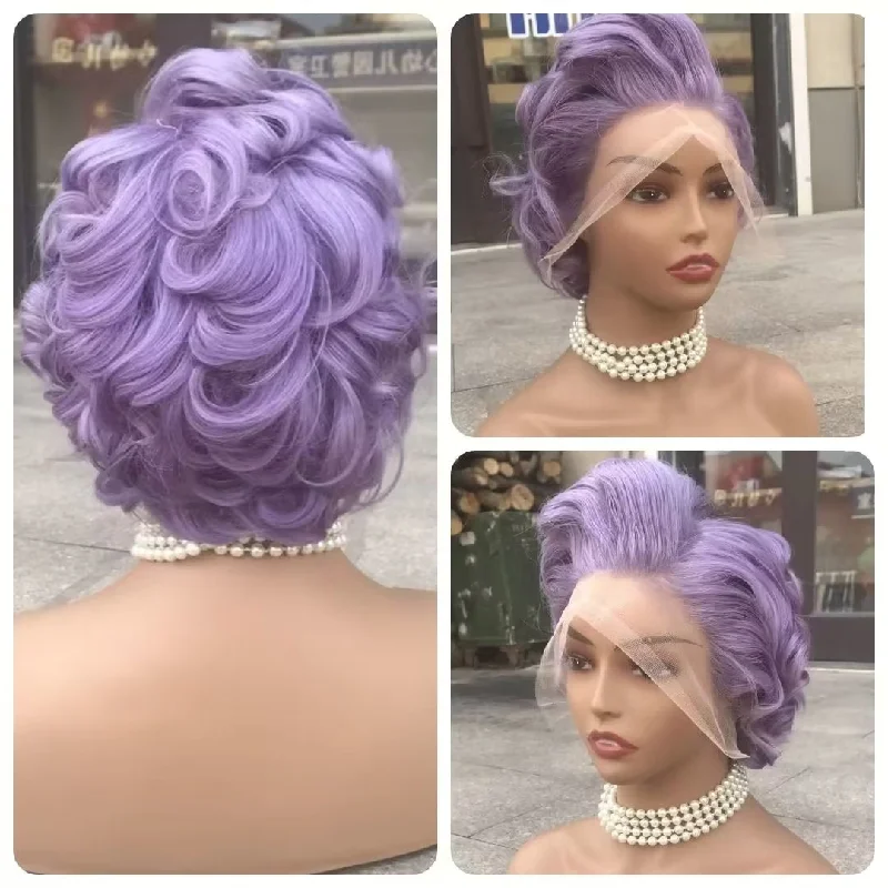 real person hair ring basic charm-Purple Human Hair Pixie Cut Wig Lace Frontal 13x6 for African American