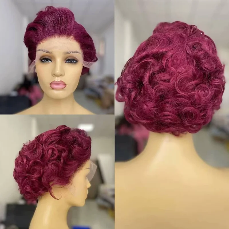 real person hair ring experimental design-Purple Pixie Cut Lace Wig Wave Human Hair for African American