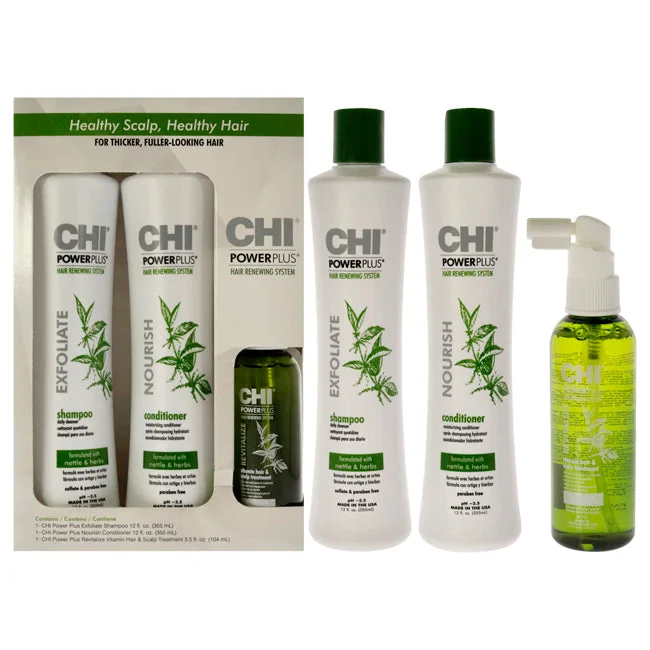 Anti-flake shampoo-CHI Power Plus Kit by CHI for Unisex - 3 Pc 12oz Exfoliate Shampoo, 12oz Nourish Conditioner, 3.5oz Revitalize Vitamin Hair and Scalp Treatment