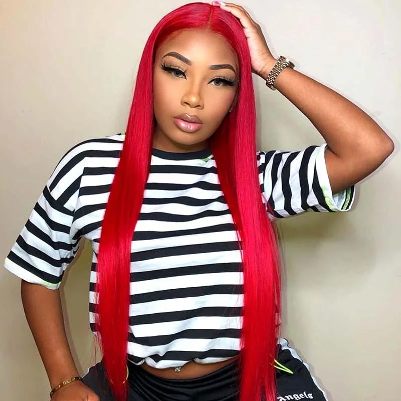 real person hair ring logo stamp-New #RED Color 13x4 Lace Frontal Wig Straight Human Hair Surprisehair