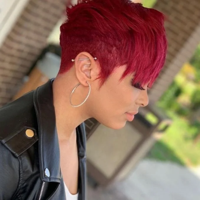 real person hair ring simple elegance-Red Color Straight Pixie Cut Lace Wig  Human Hair for African American