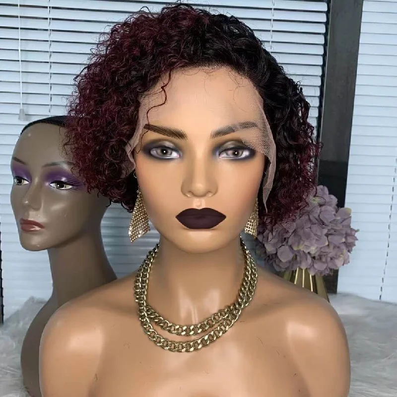 real person hair ring unique style-Red Ombre Curly Bob Wig Side Part Human Hair Wig For African American