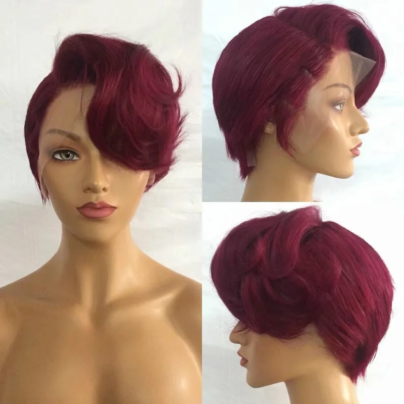 real person hair ring handmade beauty-Short Red Pixie Cut Wig  Lace frontal Human Hair 150% Density