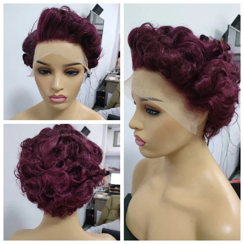 real person hair ring romantic gift-Red Short Pixie Cut Wigs Human Hair Lace frontal wig for Black Women