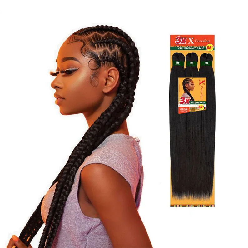 Synthetic wigs with ponytail-SENSATIONNEL Synthetic African Collection X-pression 3x Volume Pre-stretched Braid 58"