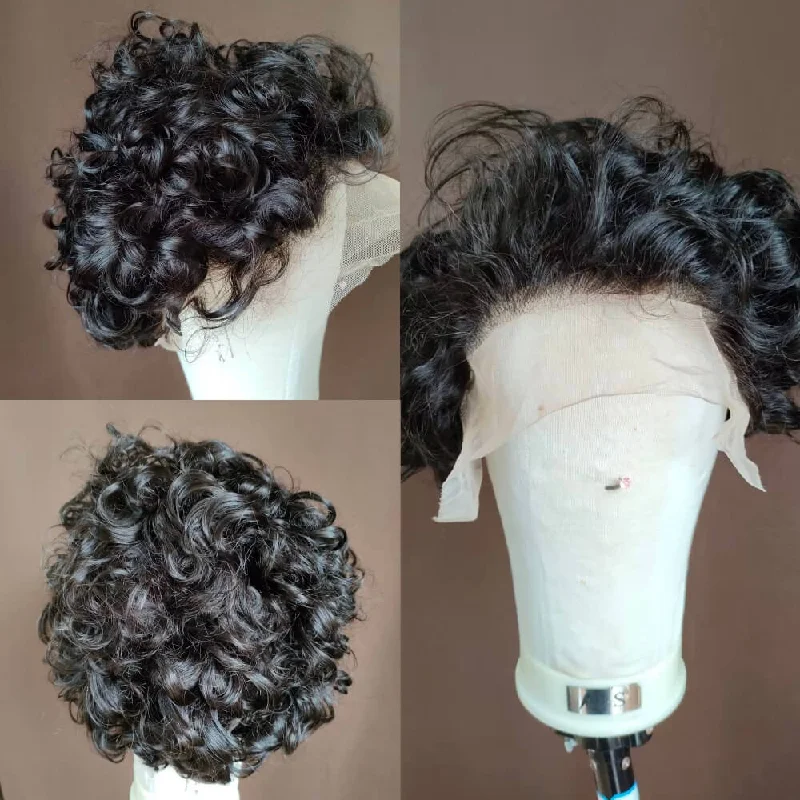 real person hair ring signed piece-Short Black Curly Human Hair Lace Wig Pixie Cut for African American