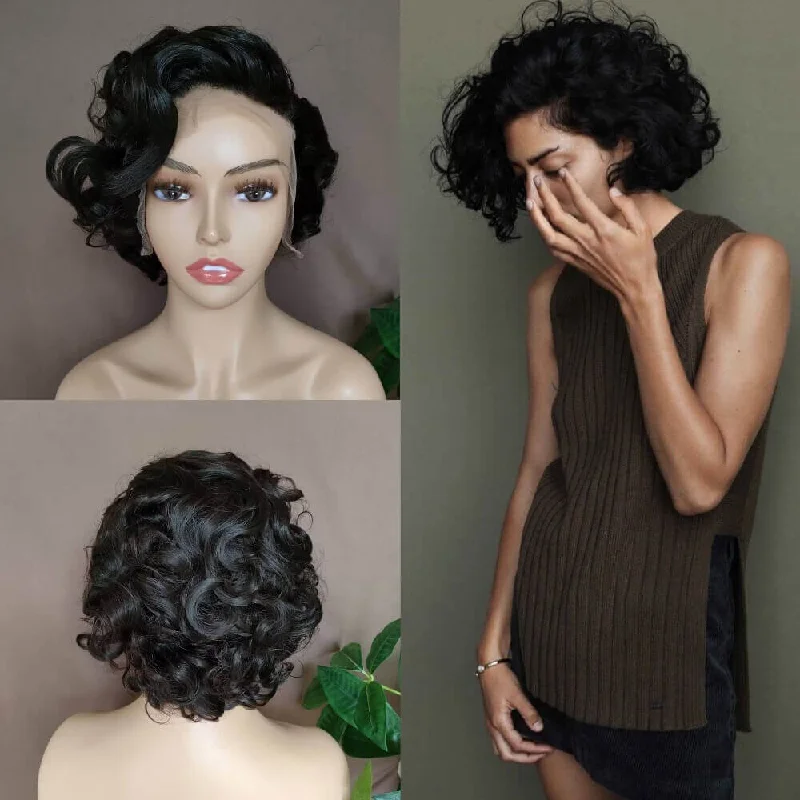 real person hair ring cyber monday-Short Black Wave Human Hair Wig Lace Frontal Pixie Cut Wig