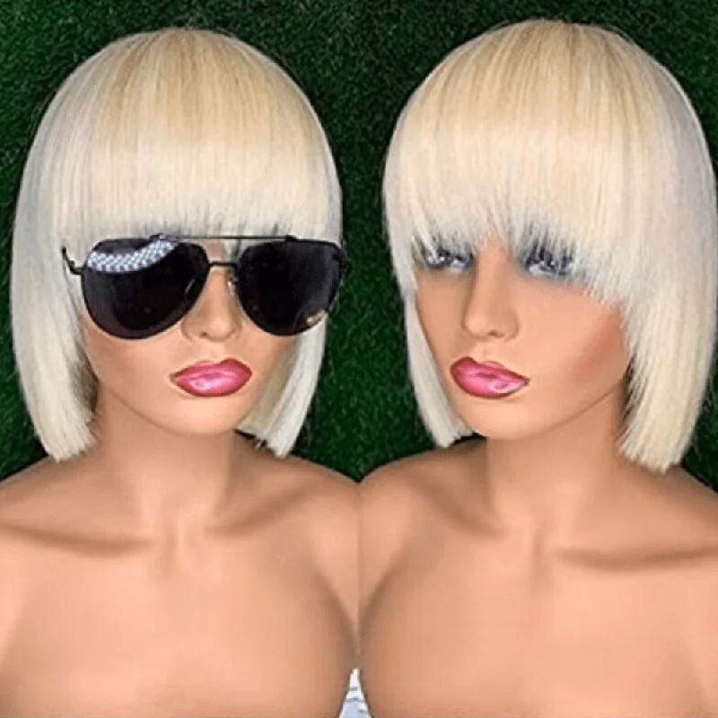 real person hair ring share offer-Short Blonde Bob Wig with Bangs Human Hair Lace frontal Wig 13x4