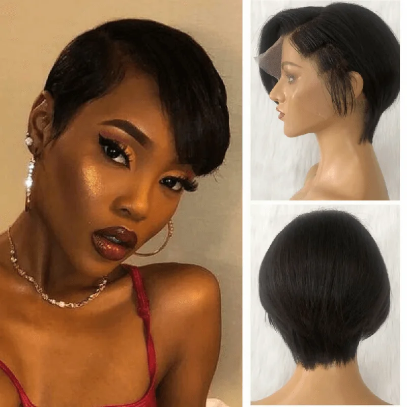 real person hair ring partner edition-Short Bob Straight Pixie Cut Wig Human Hair 13x4 Lace for Black Women