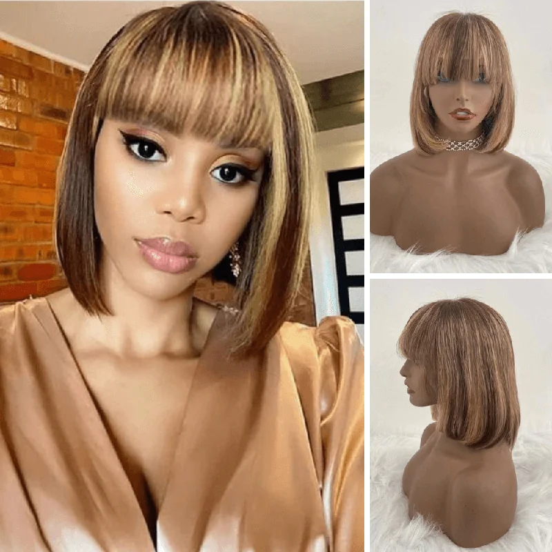 real person hair ring family heirloom-Short Brown Highlight Bob Wig with Bangs Human Hair Lace Frontal for African American