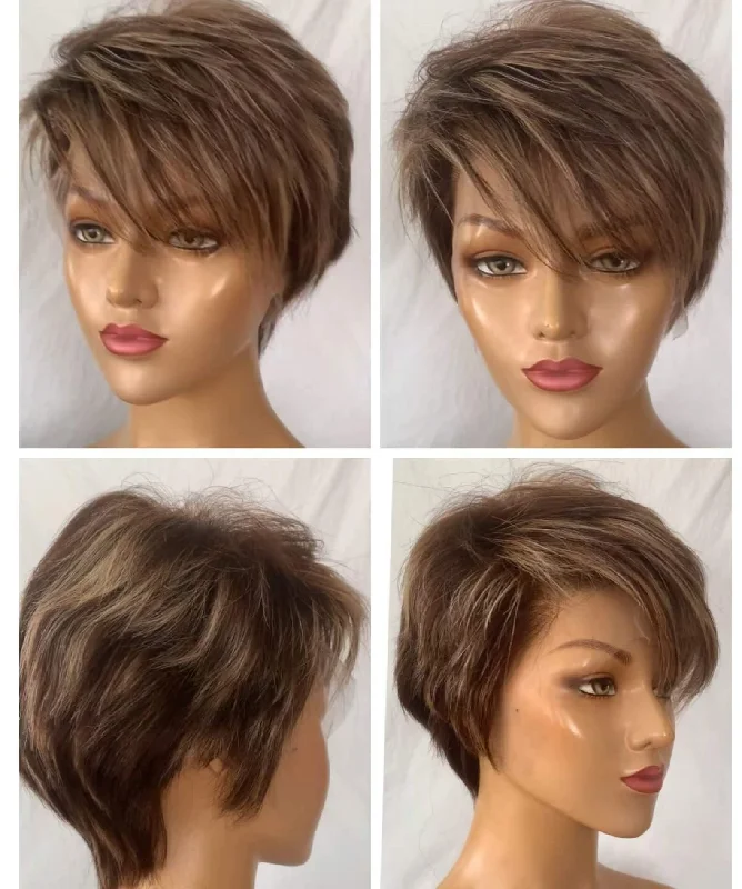 real person hair ring support team-Short Brown Mix Color Straight Pixie Cut Wig Human Hair for Women