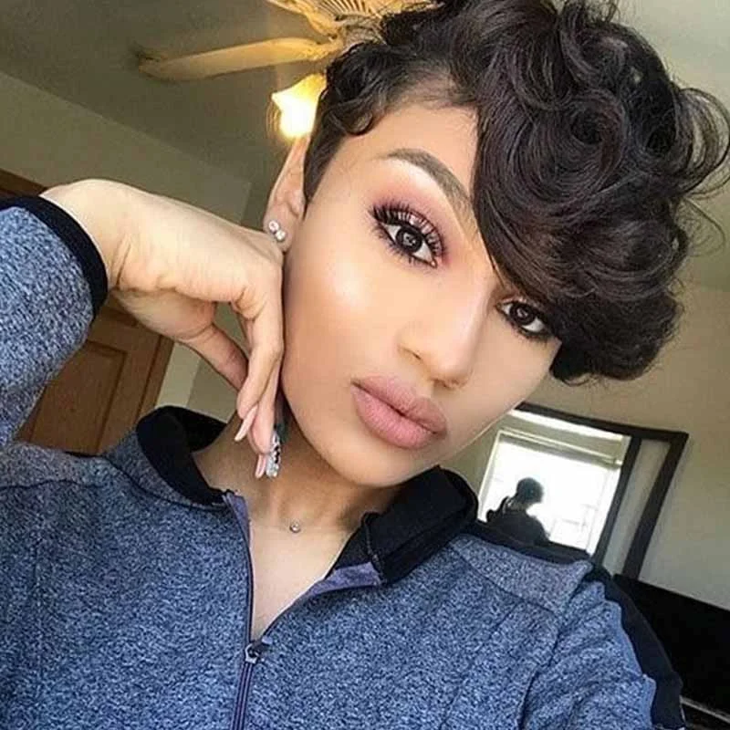 real person hair ring web exclusive-Short curly Pixie Cut Lace Wig Brazilian Human Hair Natural Black