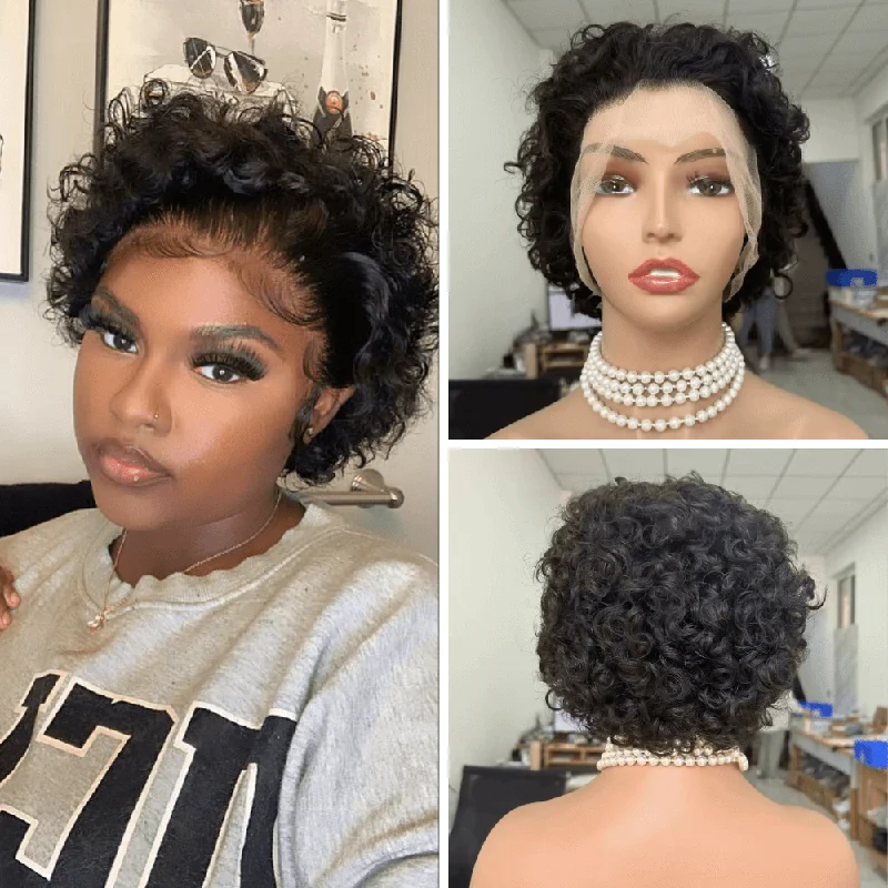 real person hair ring spring special-Short Curly Pixie Human Hair Wigs Lace Frontal for Black Women