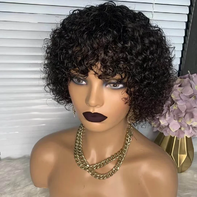 real person hair ring classic revival-Short Curly Wig With Bangs Human Hair Kinky Curl Wig For African American